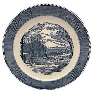 Vintage Currier Ives Blue Royal Round Platter 12” Chop Plate Winter GETTING ICE